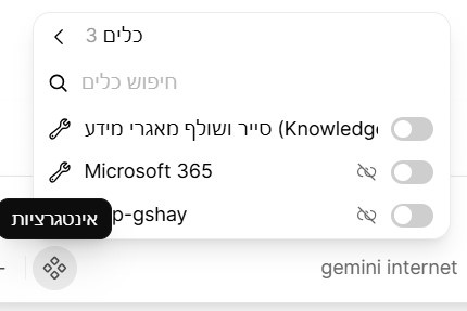 חלון בחירת הכלים והחיבור לחשבון העבודה